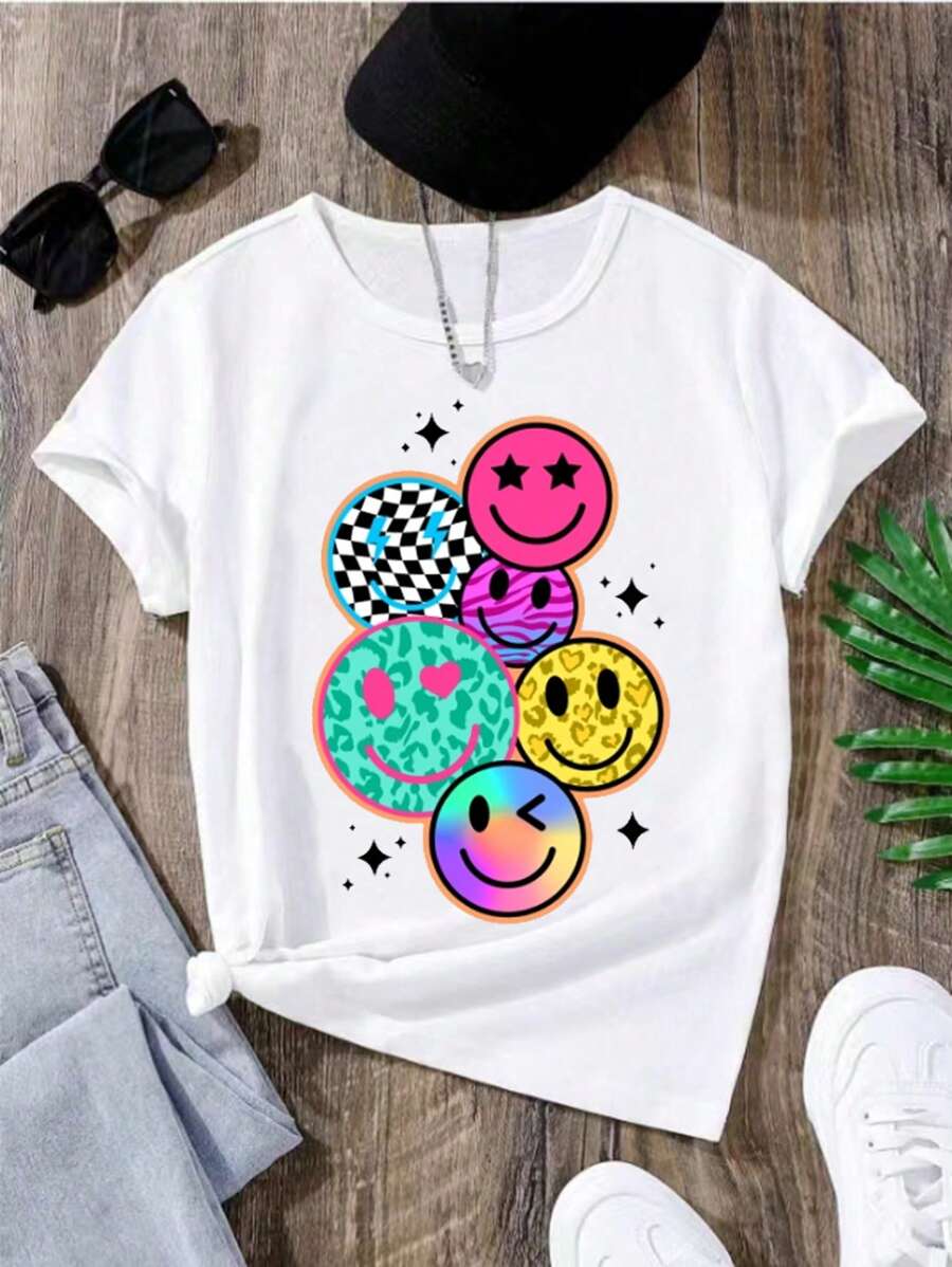 SHEIN Sparklyn Tween Girl Cool Graffiti Pattern T-Shirt With Smiling Faces, Street Style - White - View 1