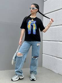 SHEIN Teen Girl Body Heat Map & Letter Graphic Tee - Black - View 8