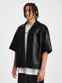 AXEPEAK Men's Plain Leather Loose Short Sleeve Shirt, Suitable For Summer, Boyfriend Gift, Going Out - Black - View 5