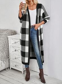 SHEIN LUNE Casual Checkerboard Pattern Long Cardigan With Pockets Fall Sweaters - Black and White - View 3