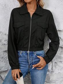 SHEIN LUNE Flip Pocket Drop-Shoulder UV Protection Functional Black Jacket - Black - View 4