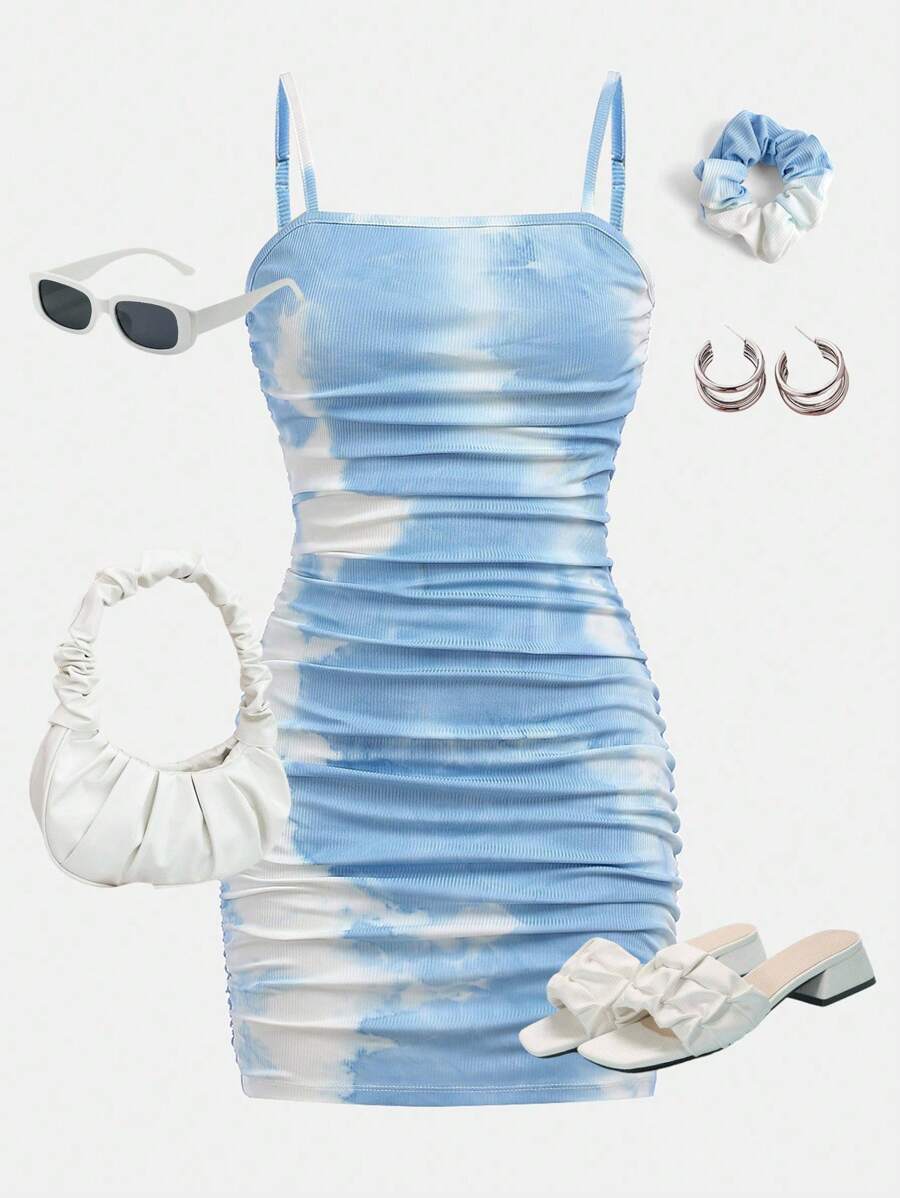 SHEIN Girlism 女孩連帽鉤織縮褶Tie-Dye背心長裙，附髮帶1pc - 藍白色 - 查看 1