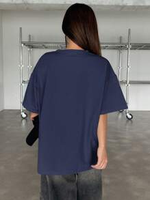 DAZY Coconut Tree Print Drop Shoulder Tee Oversized T-Shirt - Navy Blue - View 4