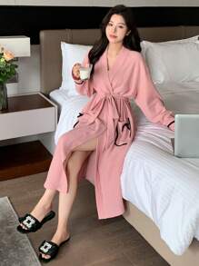 DAZY 纹理面料拼色设计双口袋睡袍睡衣 - 粉色 - 查看 3