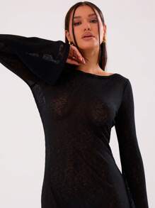 MUSERA 轻薄长袖船领长款连衣裙，优雅，春夏长裙，毕业舞会礼服 - 黑色 - 查看 5