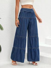 SHEIN Essnce Ruffle Hem Wide Leg Jeans - Light Wash - View 4