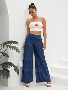 SHEIN Essnce Ruffle Hem Wide Leg Jeans - Light Wash - View 6