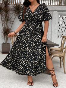 SHEIN Holidaya Plus Size Kỳ nghỉ Váy in Allover thông thường có khe bên hông - màu đen - Xem 1