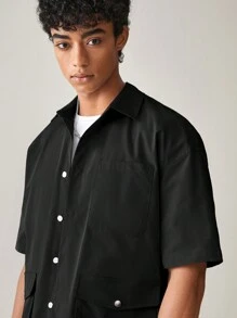 SWAVVY Men's Summer Solid Color Workwear Woven Casual Shirt & Shorts Set With Pockets