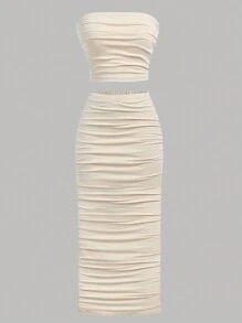 SHEIN Girlism 少女杏色和乳白色抹胸上衣褶皱上衣和下摆针织半裙休闲基础款两件套 - 杏色 - 查看 3