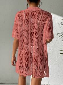 SHEIN Swim 镂空扇贝边和服夏季 - 藕粉色 - 查看 2