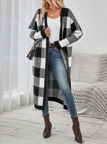 SHEIN LUNE Casual Checkerboard Pattern Long Cardigan With Pockets Fall Sweaters - Black and White - View 7