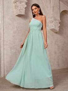 SHEIN Belle Ladies' Solid Color Simple Daily Asymmetrical Neck Dress - Green - View 5