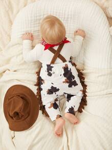 SHEIN Newborn Baby Boy/Girl Persoplay 3-Piece Western Cow Printed Romper Set With Suspenders And Brown Suede Cowboy Hat, Paired With Peru Geometric Printed Scarf, Exuding Wildness And Cuteness - Multicolor - View 2