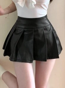 DAZY Women's Solid Color Pleated PU Skirt, Summer Leather Skirt - Black - View 4