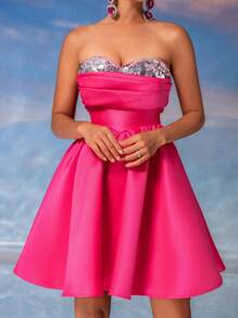 SHEIN Belle Đầm dự tiệc ngắn bằng vải satin lấp lánh xếp li sang trọng dễ thương không dây, đính sequin chắp vá, váy ngắn dự tiệc màu hồng phấn, váy dự tiệc cưới bán trang trọng, cho tiệc sinh nhật, lễ tốt nghiệp, tiệc về quê - Màu Hồng Tươi - Xem 4