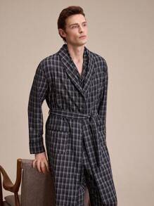 EverLounge Men's Plaid Front Button Lapel Collar Robe - Black - View 4