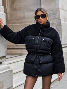 EURMUSE Stand Neck Teddy Bear Textured Matched Women's Puffer Down Jacket