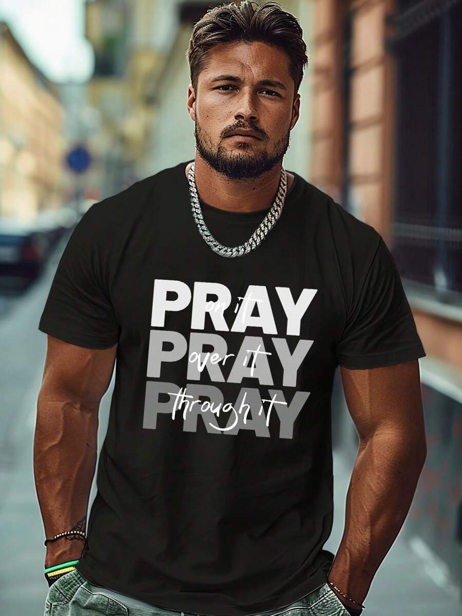 Men Plus Size Slogan Print Short Sleeve T-Shirt - Black - View 1