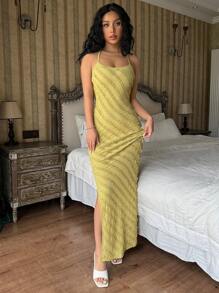 Chiquease Vestido ajustado sin mangas con tirantes espagueti, escote descubierto en la espalda y rizo con dobladillo de volante de malla 3D, para mujer - Verde - Ver 7