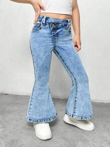 SHEIN Young Girls Y2K Blue Denim Flared Jeans,Summer Boho Thin Denim Pants,Young Girl Summer Cute Break Clothes Outfits - Light Wash - View 5