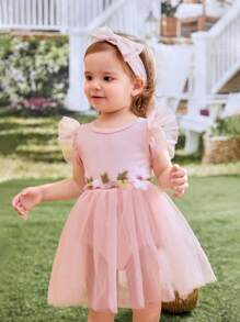 SHEIN Glamorique Kids Vestido de bebé niña rosa claro de verano lindo elegante con bordado de flores, falda de malla, mangas volantes, tejido esponjoso con diadema - Rosa - Ver 5