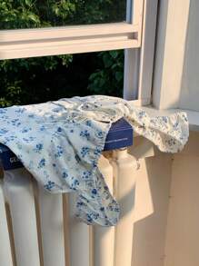 Comfortcana Áo Babydoll hoa xanh trắng ngọt ngào - Xanh và trắng - Xem 4