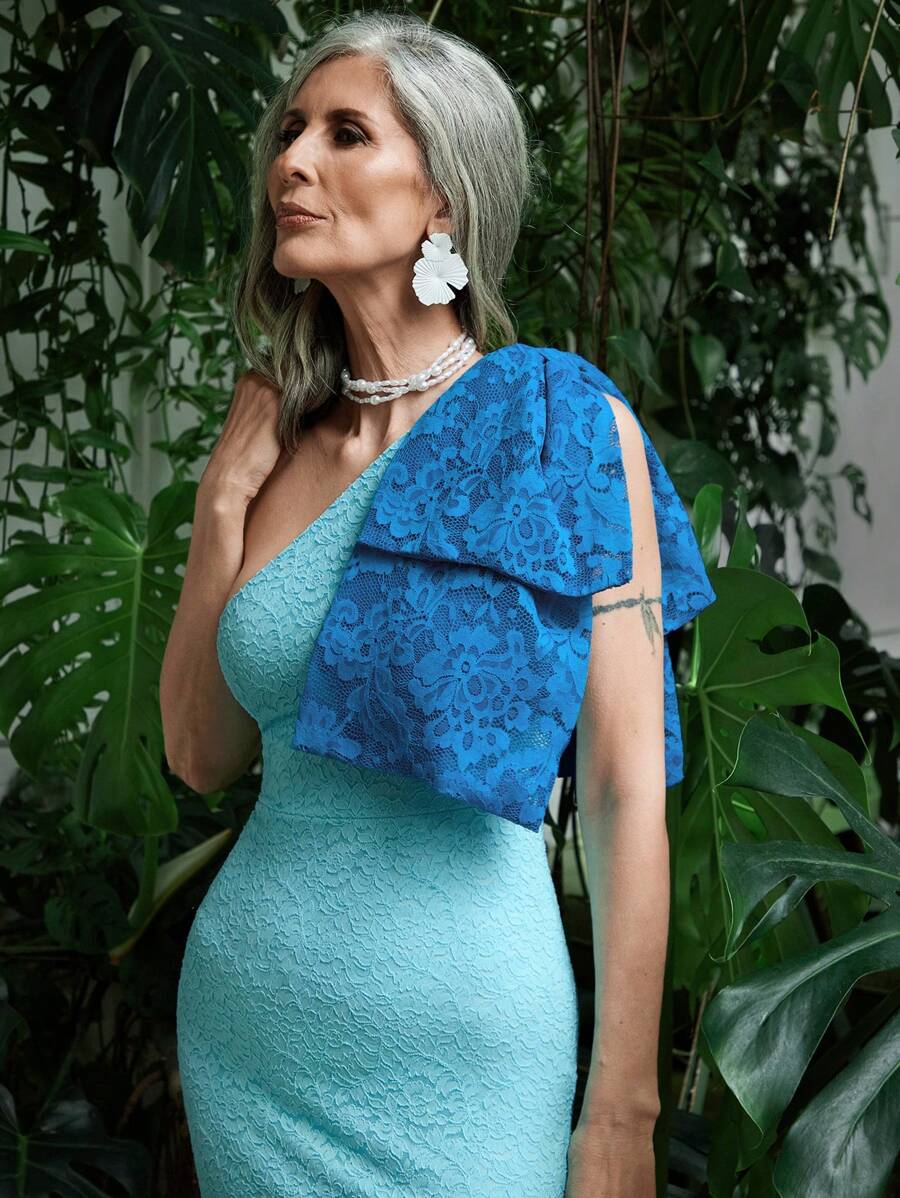 SHEIN LUNE 女士斜肩紋緞修身連衣裙 - 彩色 - 查看 1