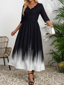 EMERY ROSE Black&White&Yellow Abstract Striped Pattern Wave Collar Ladies' Casual 3/4 Sleeve Dress - Black and White - View 1