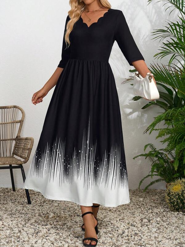 EMERY ROSE Black&White&Yellow Abstract Striped Pattern Wave Collar Ladies' Casual 3/4 Sleeve Dress