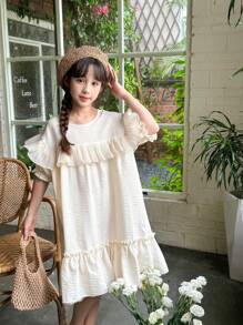 SHEIN Tween Girls' Countryside Style Wide Ruffle Hem Round Neck Short Sleeve A-Line Dress, Perfect For Casual Summer - Apricot - View 1