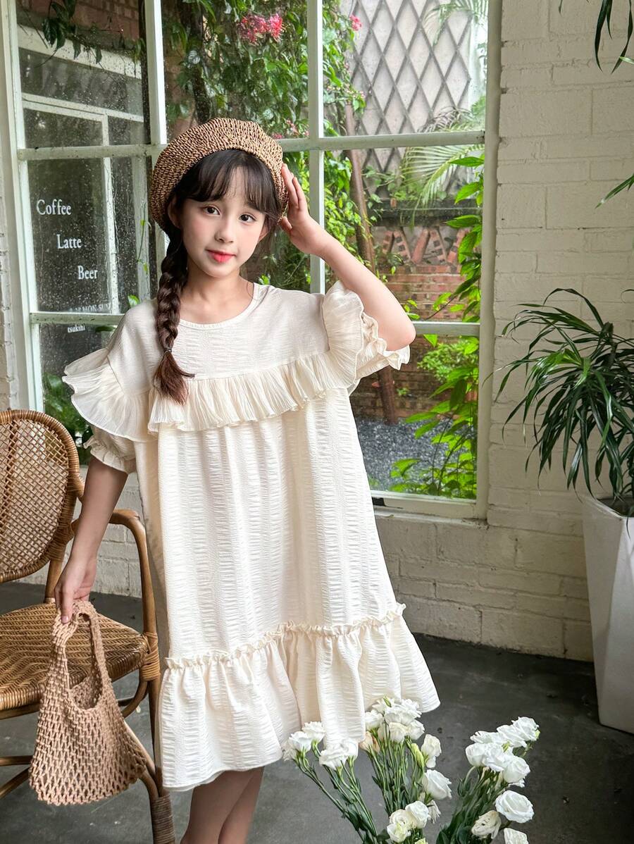 SHEIN Tween Girls' Countryside Style Wide Ruffle Hem Round Neck Short Sleeve A-Line Dress, Perfect For Casual Summer - Apricot - View 1