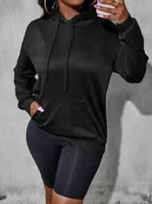 Calvaya Plus Size Slogan Graphic Kangaroo Pocket Drawstring Sweatshirt - Black - View 4