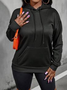 Calvaya Plus Size Slogan Graphic Kangaroo Pocket Drawstring Sweatshirt - Black - View 6