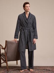 EverLounge Men's Plaid Front Button Lapel Collar Robe - Black - View 3