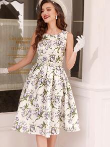 Vintamour Vestido elegante vintage para mujer con estampado floral, sin mangas, cinturón a la cintura, vestido mini primavera/verano con dobladillo de paraguas, vestido para el Día de la Madre, vestido de verano para mujer, vestido de verano, vestido de fiesta de verano, vestido floral de verano para invitada de boda, vestido para carrera de caballos, vestidos, vestido de graduación, vestido de madre de la novia, atuendo del Día de la Madre, vestido blanco de graduación, atuendo de graduación, vestido de princesa, atuendo de boda, vestido de brunch, vestido de fiesta de graduación, vestido verde - Albaricoque - Ver 5