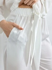 Ocili 女士纯色纽扣前结下摆睡衣套装/睡衣套装 - 白色 - 查看 5