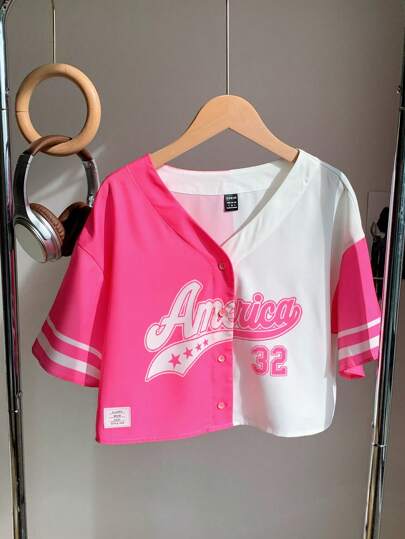 Comfortcana Hot Pink Letter Graphic Two Tone Drop Shoulder Crop Jersey Blouse,Short Sleeve Tops