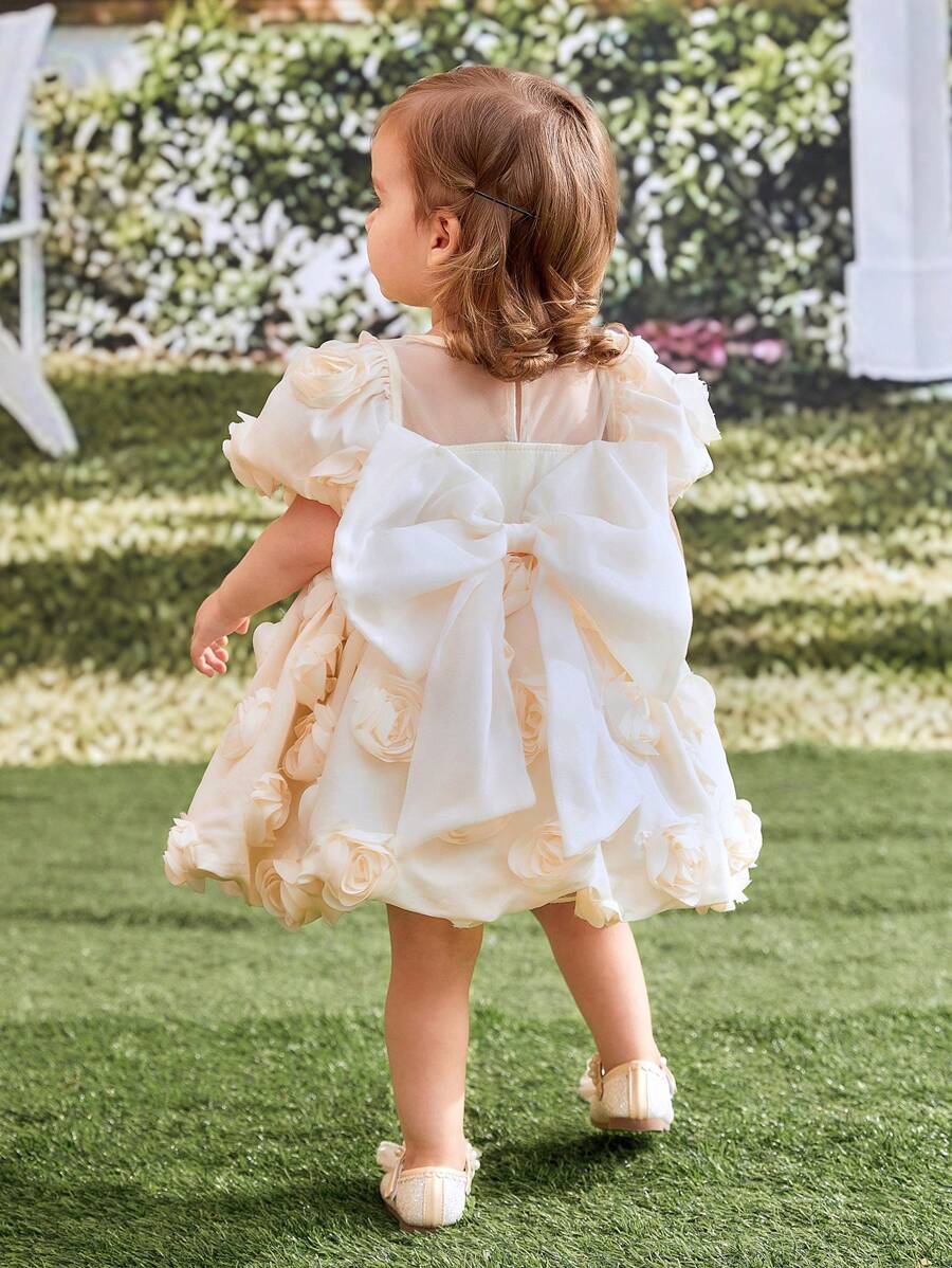 SHEIN Glamorique Kids 女婴优雅花童连衣裙，非常适合生日派对和节日，具有泡泡袖，杏色，3D 玫瑰，时尚别致的大蝴蝶结，优雅的薄纱，非常适合钢琴表演、晚会和表演，一岁