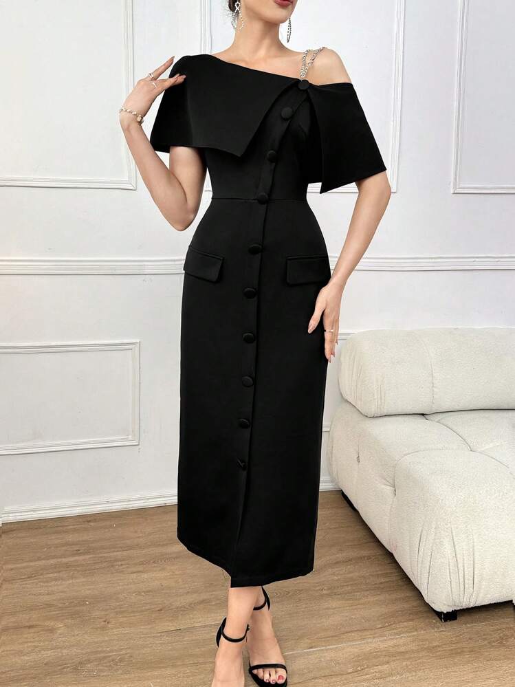 Modelyn Ladies' Solid Color Oblique-Shoulder Single Breasted Summer Dress Long Evening Dresses - Black - View 3