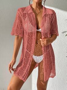 SHEIN Swim 镂空扇贝边和服夏季 - 藕粉色 - 查看 4