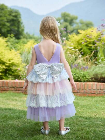 SHEIN Glamorique Kids Girls' Elegant Birthday Party Holiday Puffy Lace Flower Edge Colorful Mesh Dress With Train Cake Skirt, Purple Satin Ribbon & Glitter Sequins Performance Dress For Stage Show