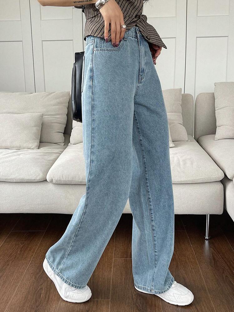 Women Casual Straight Leg Washed Denim Jeans