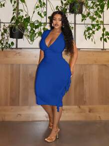 Slaydiva 派對和優雅純色修身深V領流蘇修邊女士中長款黃色連衣裙-E - 藍色 - 查看 3