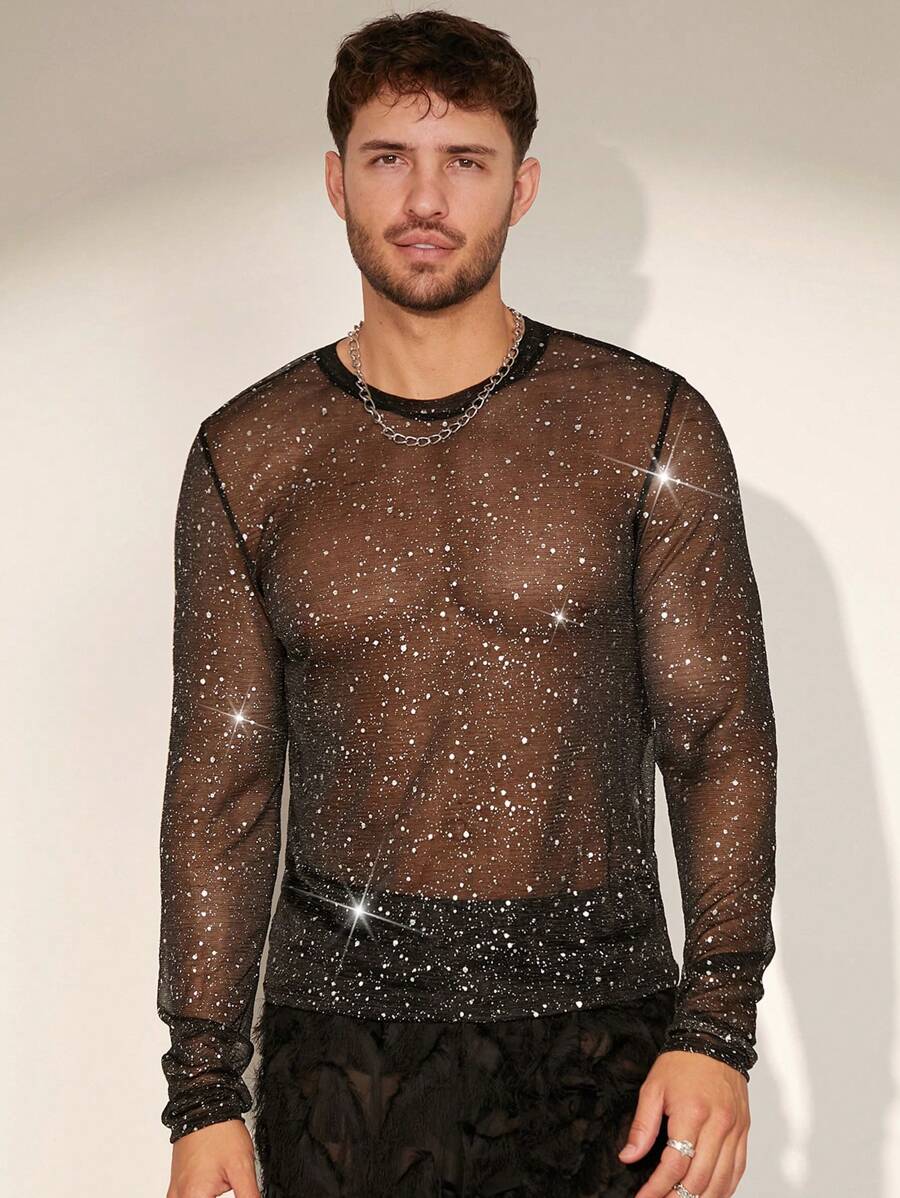 FeverCity Men's Sheer Mesh Round Neck Long Sleeve Knit T-Shirt, Suitable For Summer - Black - View 1