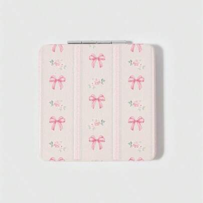 ROMWE 1入組可愛粉色蝴蝶結少女的Kawaii風雙面摺疊鏡，學生時尚必備