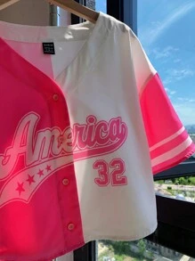 Comfortcana 热粉色字母图案双色落肩短款针织衬衫，短袖上衣 - 彩色 - 查看 2