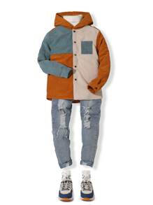 SHEIN 兒童Tween男生休閒大學假期分色連帽卡迪根衫，採用鬆紋和織物襯裡