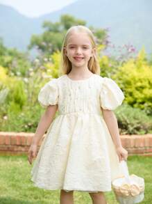 SHEIN Glamorique Kids Jupe de bulles florale avec accents de faux diamants, robe de princesse unie adaptée pour la fête d'anniversaire, les vacances, la demoiselle d'honneur - Champagne - Voir 6