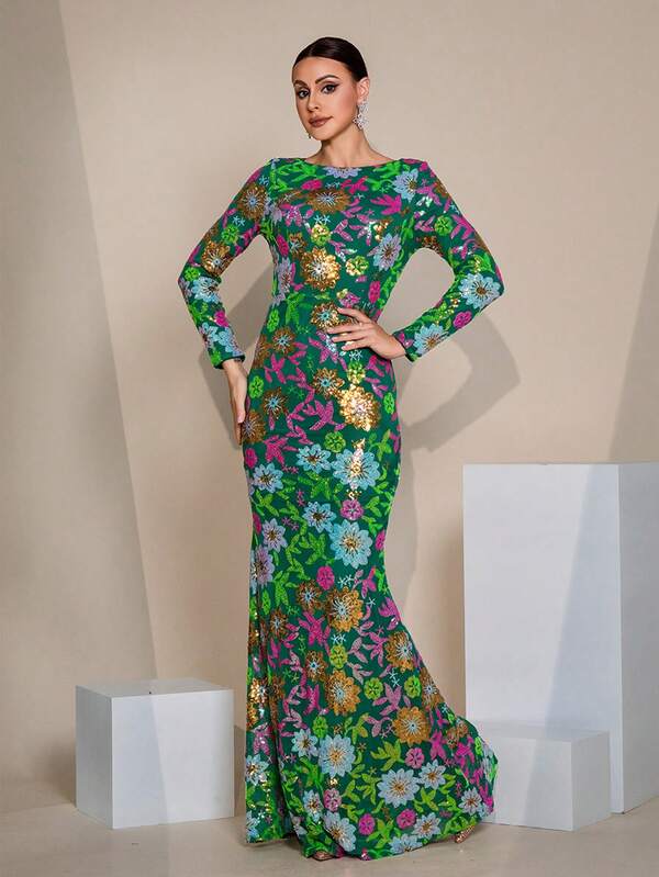 Women's Random Print Casual Long Sleeve Prom Dress (Non-Placement Floral) Party Dress Wedding Guest Dress Formal Dress Evening Dress,Gown